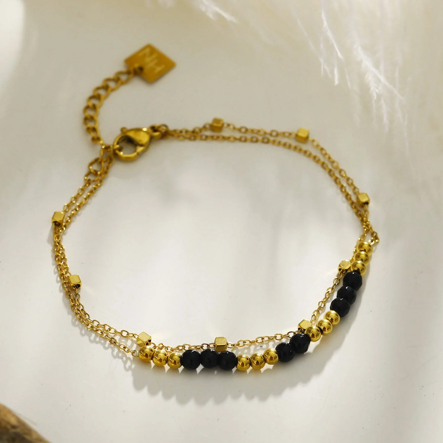 HILDA: Two-in-One Square Beads & Round Beads in Black & Gold Bracelet. - Image 3