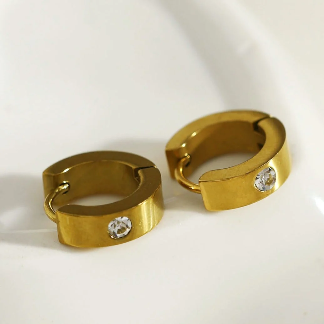 INIS: Wide Mini Hoop Gold Earrings with a Solitaire Zirconia Gemstone - Image 8