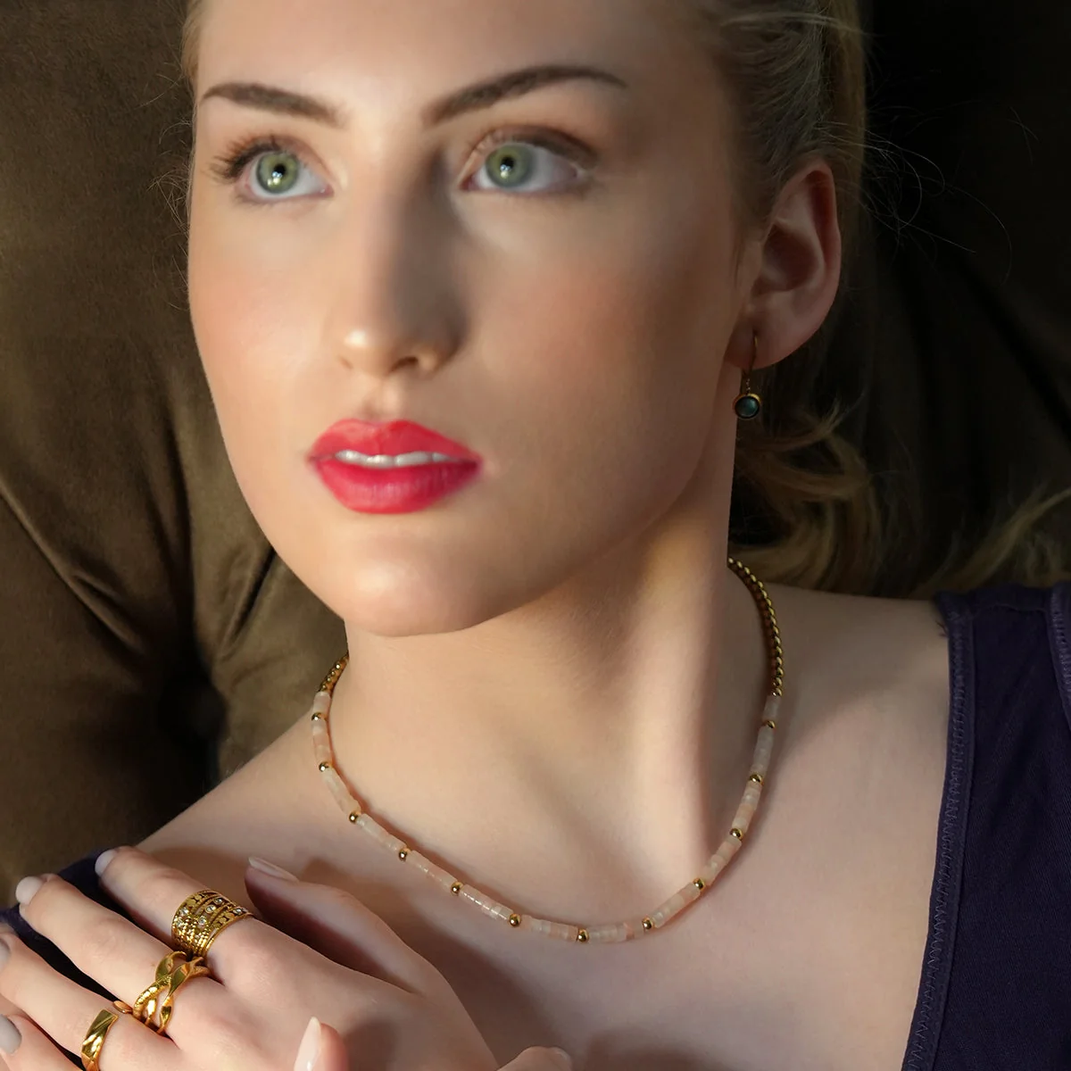ISHANI: Pink Aventurine Stones and Gold Beaded Necklace - Image 10
