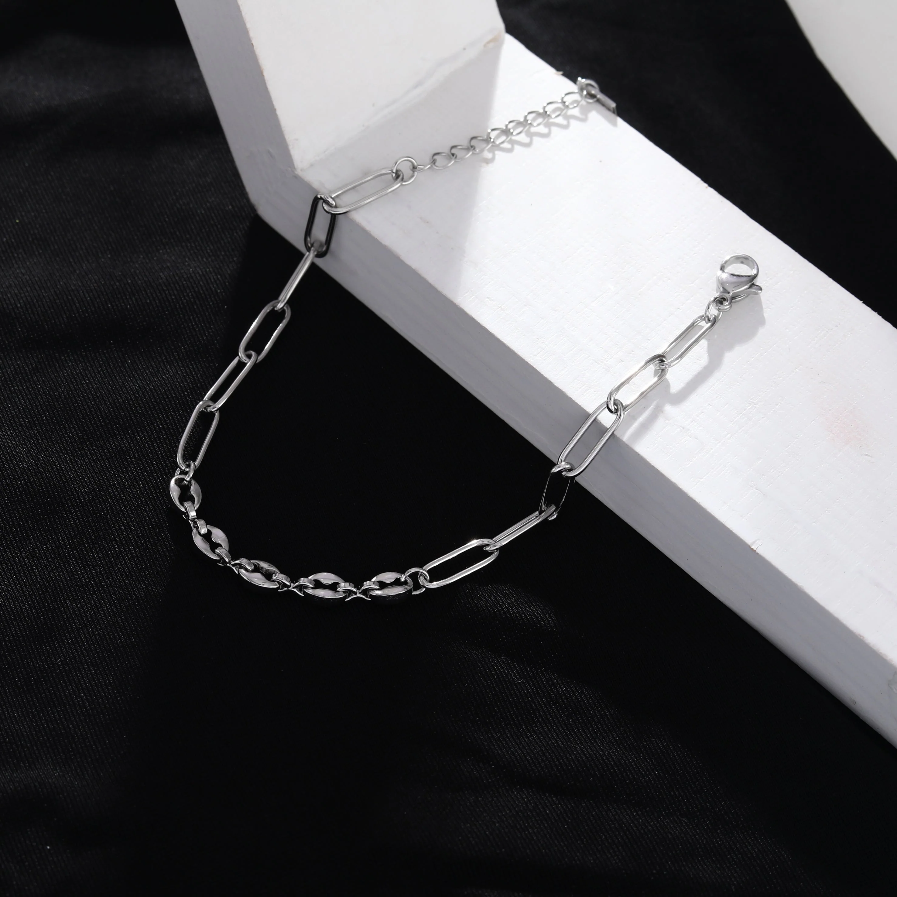 IZARA Silver (White Gold):  Paperclip & Oval Bead Chain Bracelet – Modern Minimal Statement Jewellery - Image 8