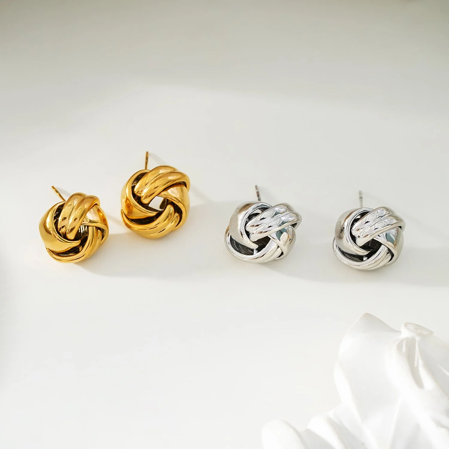 JATANI Silver Toned 18K White Gold: Contemporary Love-Knot Stud Earrings - Image 6