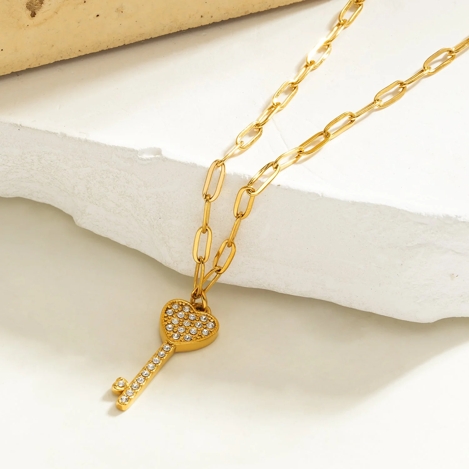 JAZRINA Gold: Pavé Key & Heart Pendant on a Paper Clip Chain Necklace - Image 3