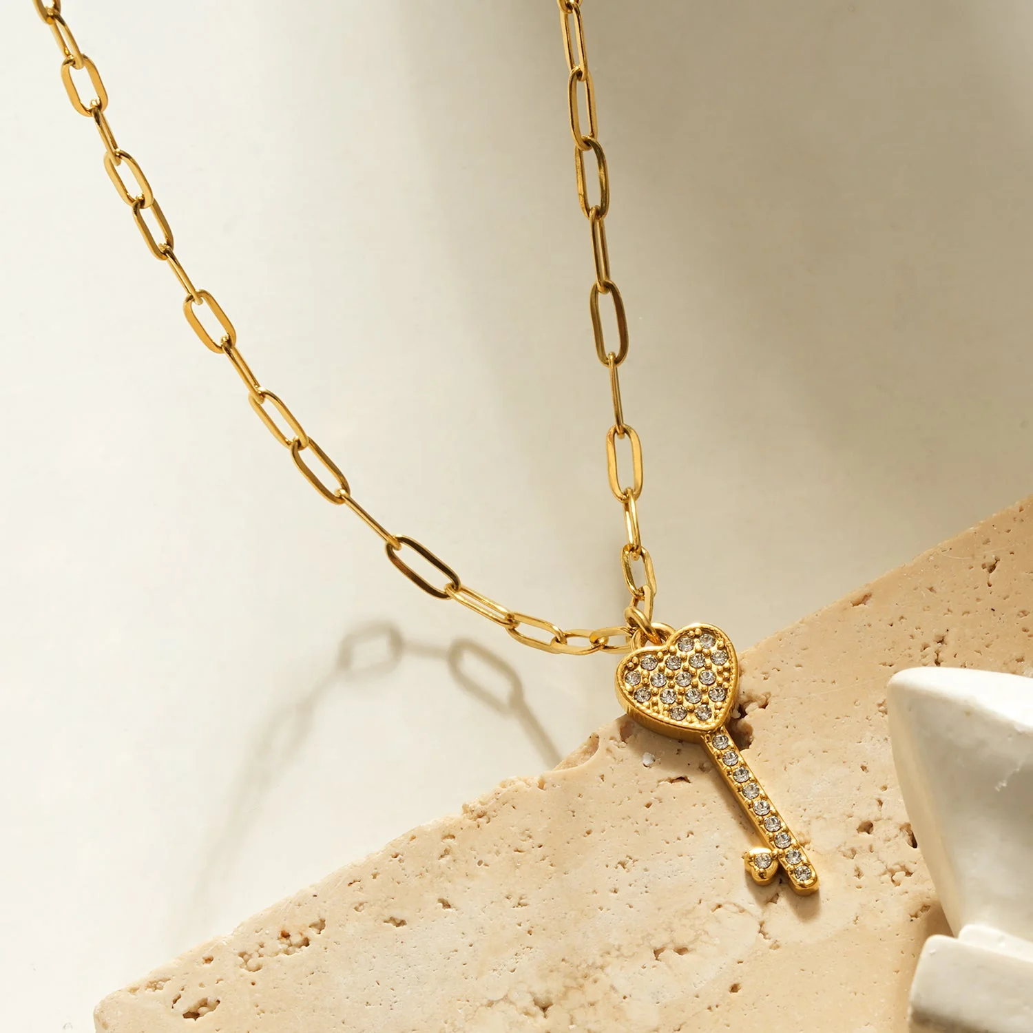 JAZRINA Gold: Pavé Key & Heart Pendant on a Paper Clip Chain Necklace - Image 7