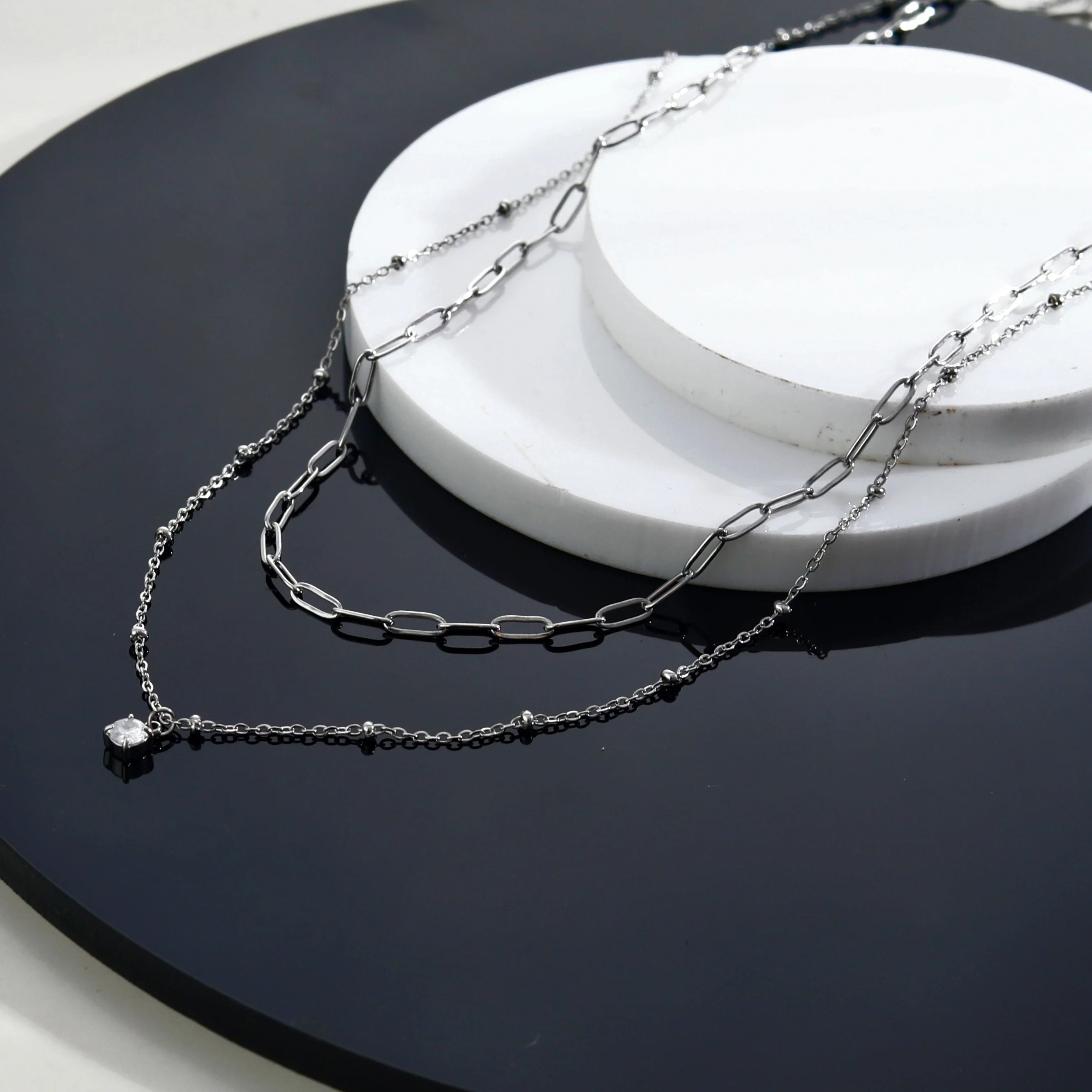 KATERI Silver: Pre-Layered Chains Necklace with a Solitaire Zirconia Charm Pendant - Image 5