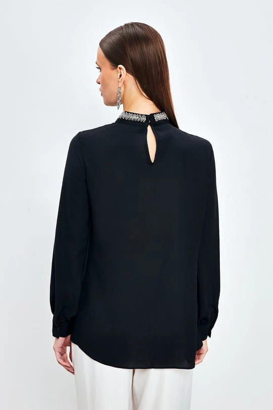 Keyhole Beaded Mock Neckline Longsleeve Blouse - Black - Image 6