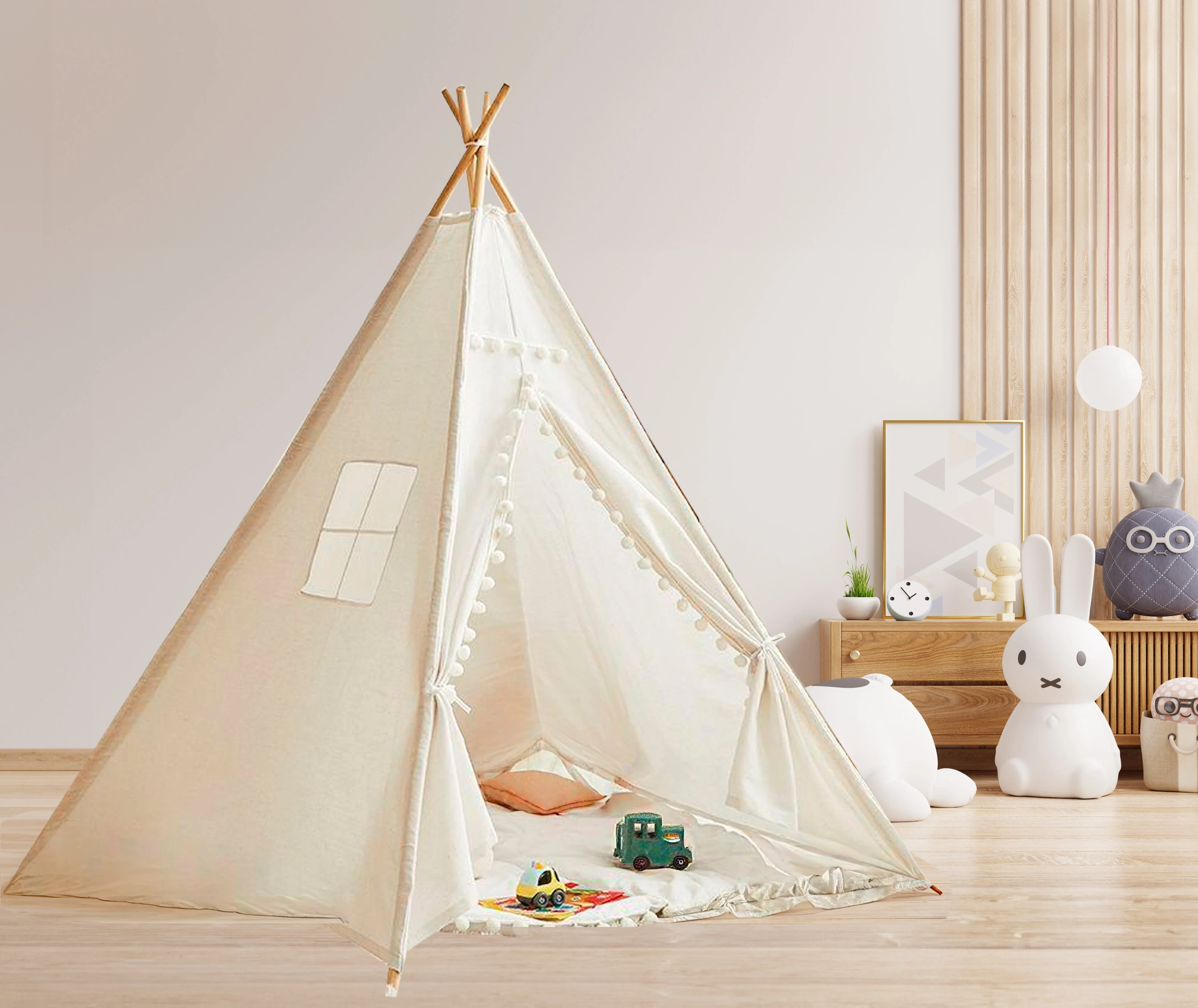 Large Foldable Kids Canvas Teepee Play Tent With Lights  ( White ) - Image 3