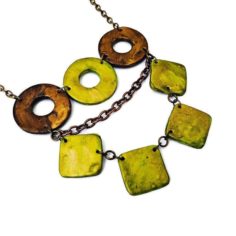 Layered Statement Necklace, Chartreuse Green, Bronze & Gold - Image 2