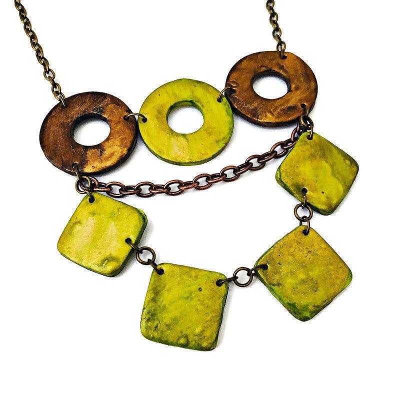 Layered Statement Necklace, Chartreuse Green, Bronze & Gold - Image 3