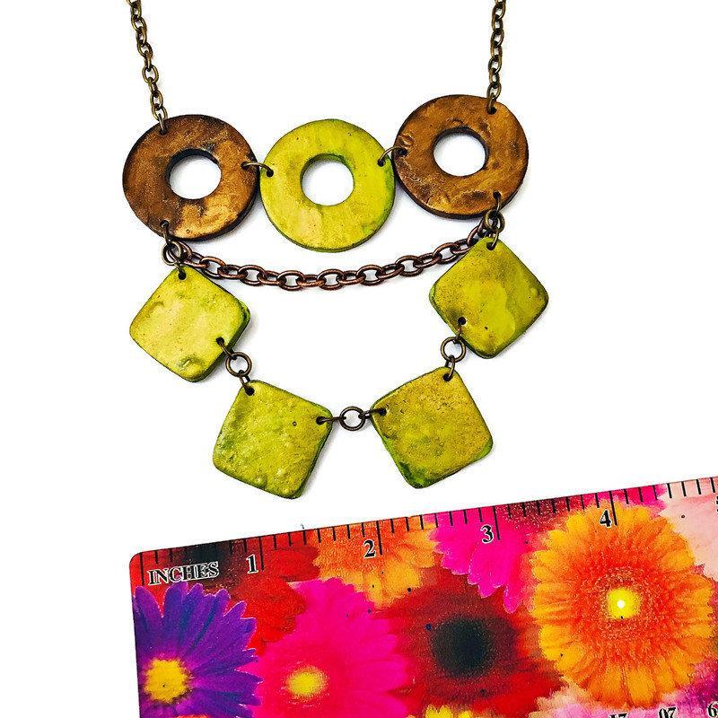 Layered Statement Necklace, Chartreuse Green, Bronze & Gold - Image 4