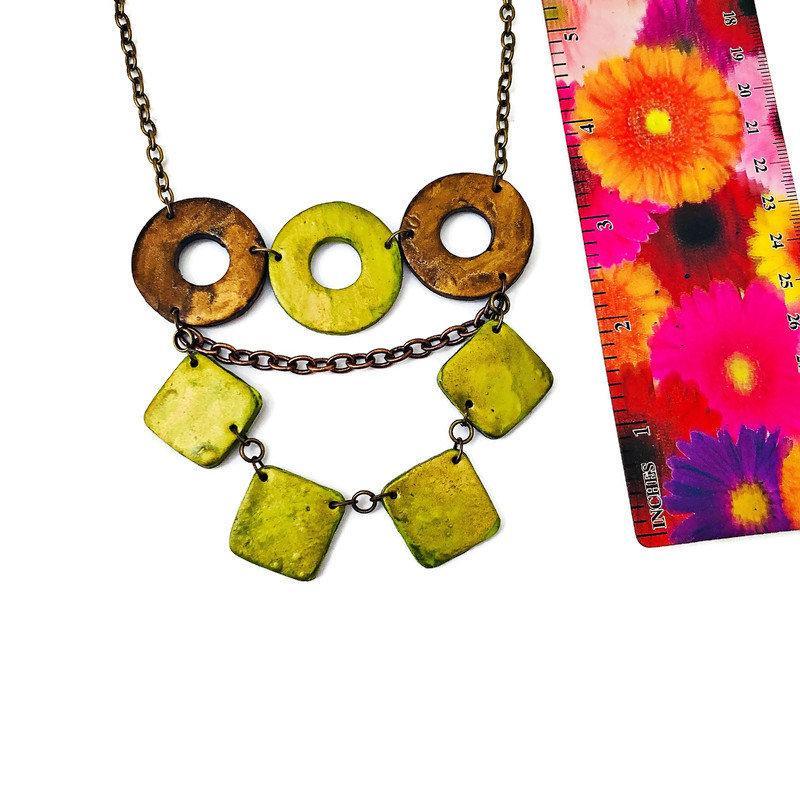 Layered Statement Necklace, Chartreuse Green, Bronze & Gold - Image 5