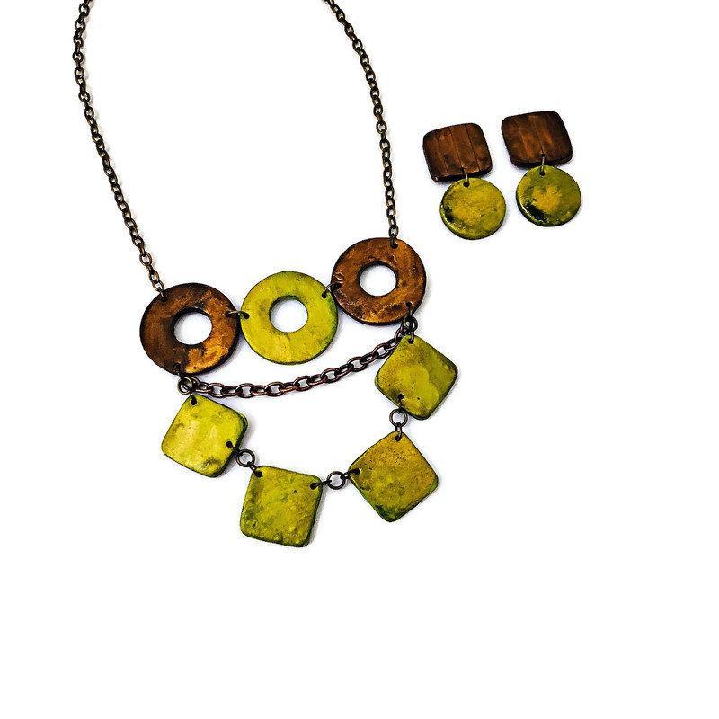 Layered Statement Necklace, Chartreuse Green, Bronze & Gold - Image 6
