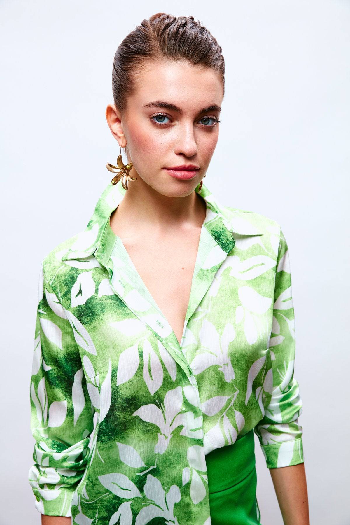Leaf Pattern Long Sleeve Shirt - Green - Image 3