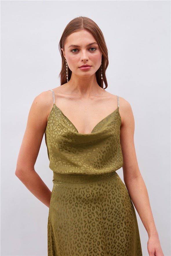 Leopard Cami Top with Diamond Strap - Olive Green - Image 2