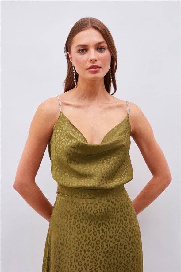 Leopard Cami Top with Diamond Strap - Olive Green - Image 4