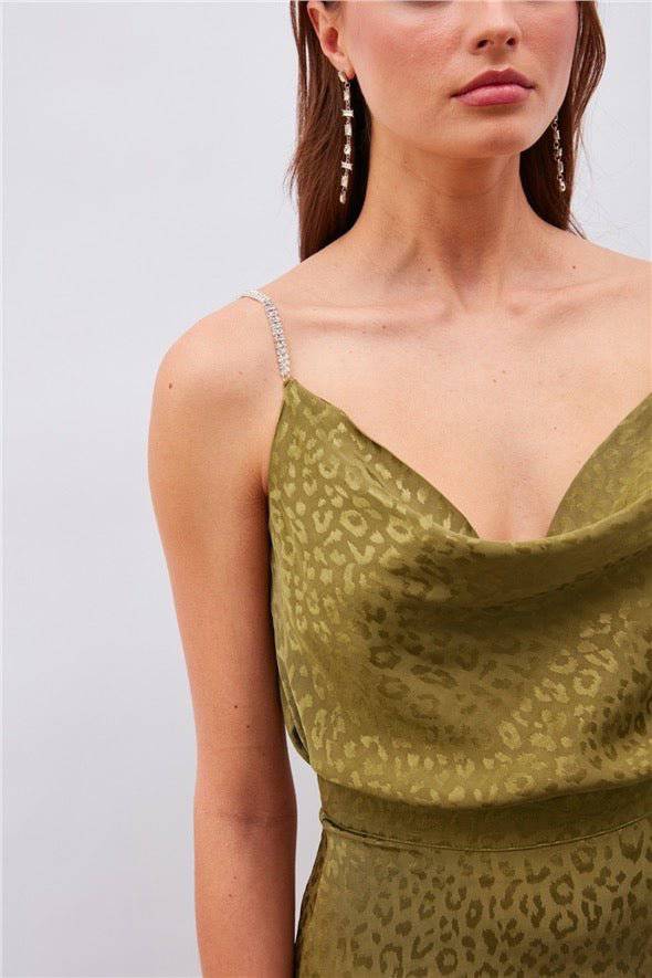 Leopard Cami Top with Diamond Strap - Olive Green - Image 5