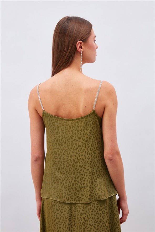 Leopard Cami Top with Diamond Strap - Olive Green - Image 6