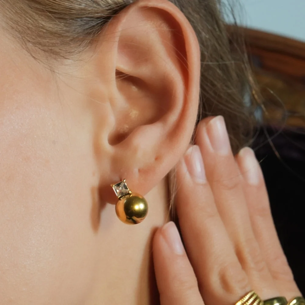 LETTA: Ball-Bead & Square Zirconia Stud Earrings - Image 4