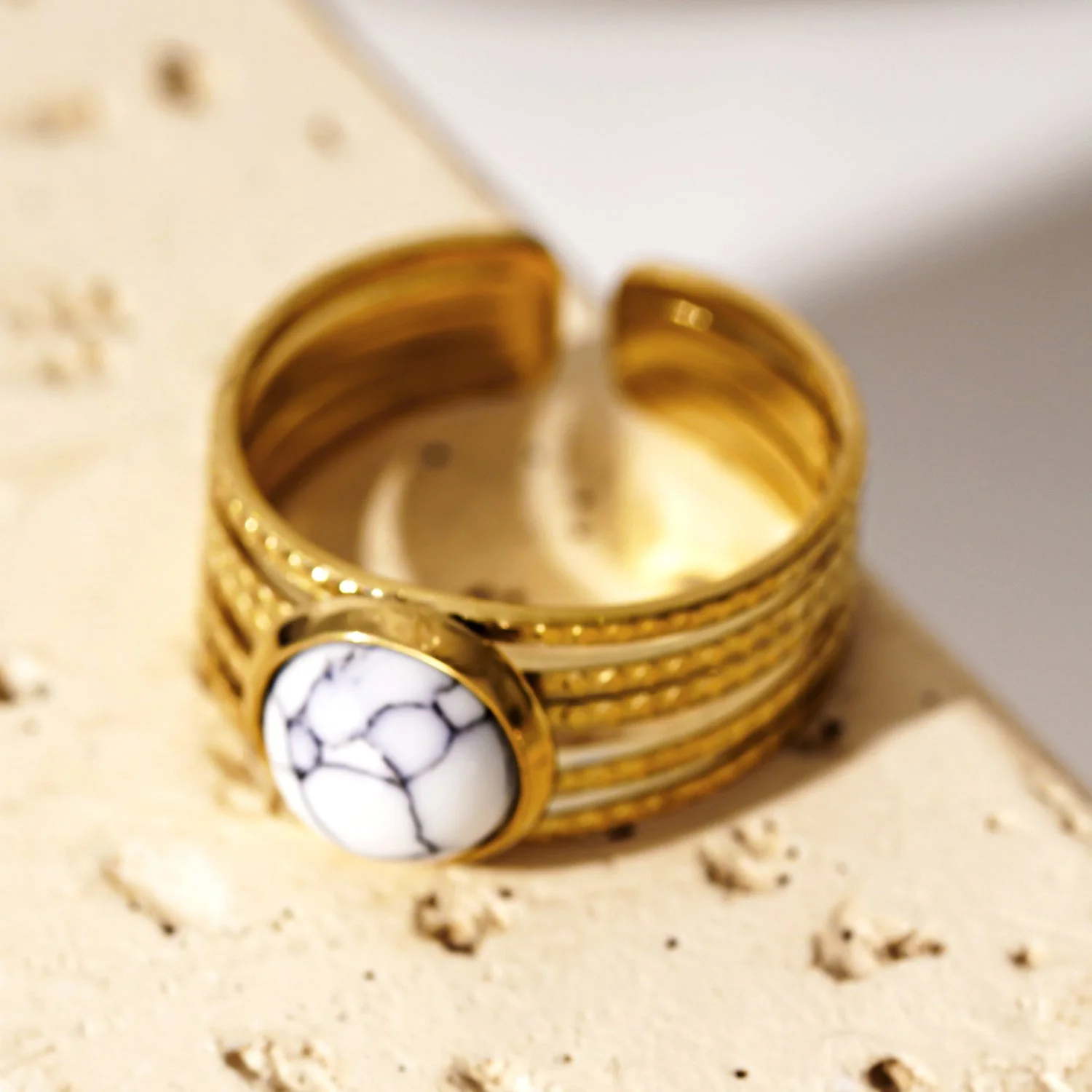 LIKHA: Multi Band Textured Ring with White Turquoise Stone Centre Piece - Image 4