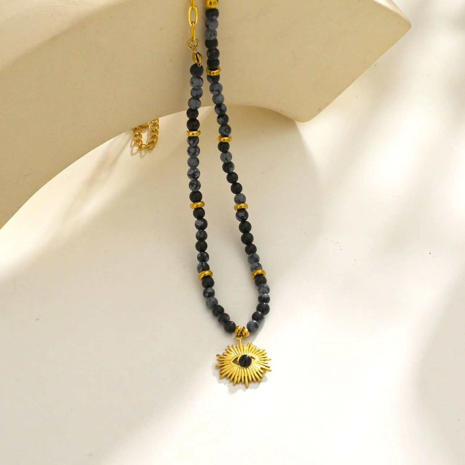 LILIANA Alabaster, Onyx & Gold Beaded Necklace with 'Evil Eye' Pendant - Image 5