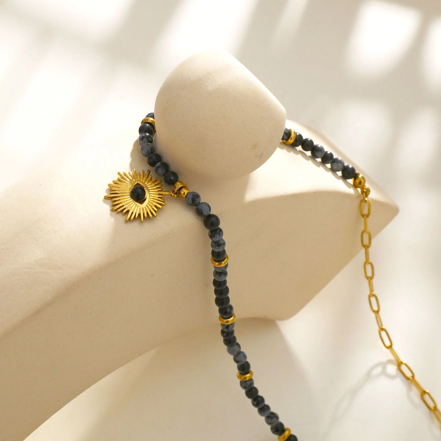 LILIANA Alabaster, Onyx & Gold Beaded Necklace with 'Evil Eye' Pendant - Image 6