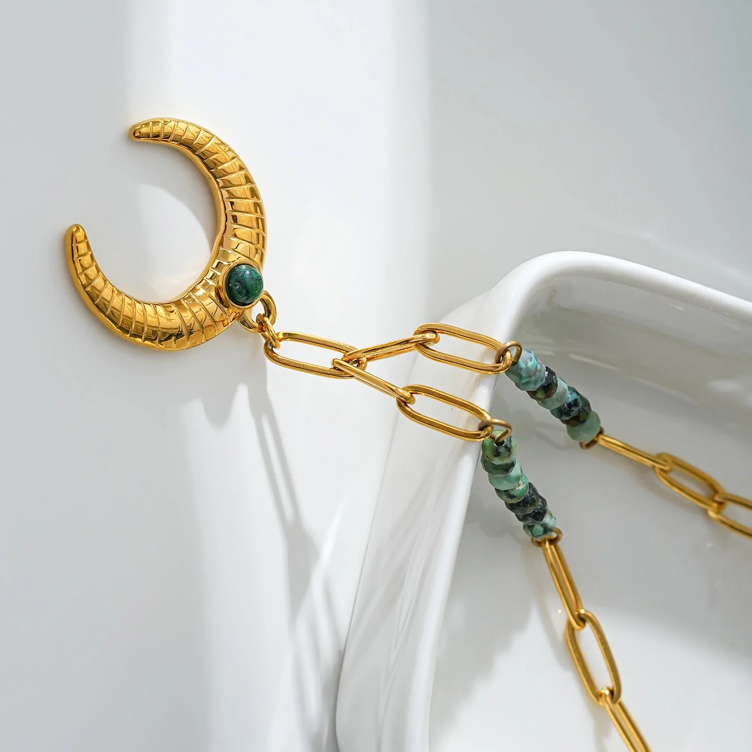 LILLE: Boho-Chic African Turquoise Natural Stone Crescent Moon Pendant Gold Necklace - Image 4