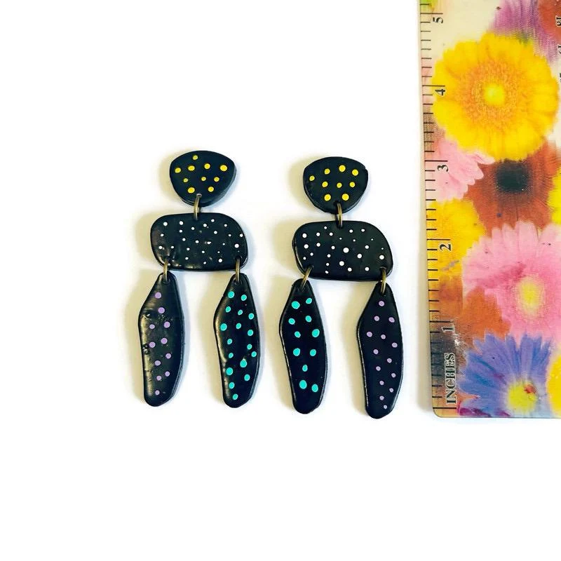 Long Black Statement Earrings with Colorful Polka Dots - Image 5