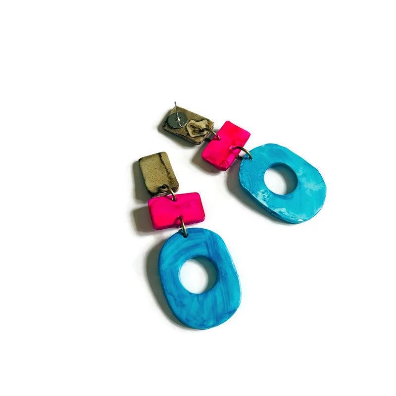 Long Colorful Earrings in Blue, Pink & Grey - Image 4