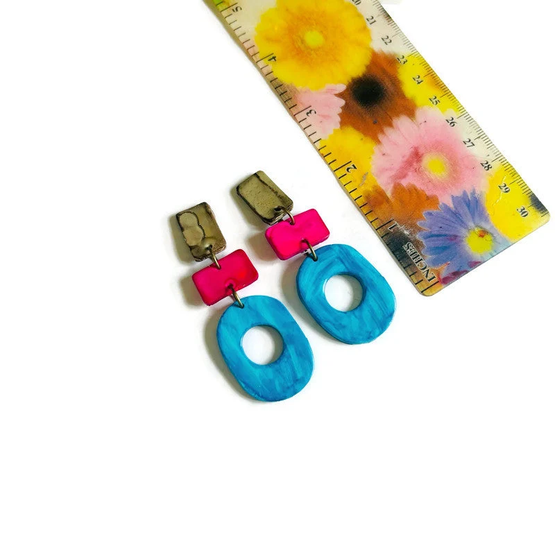 Long Colorful Earrings in Blue, Pink & Grey - Image 6
