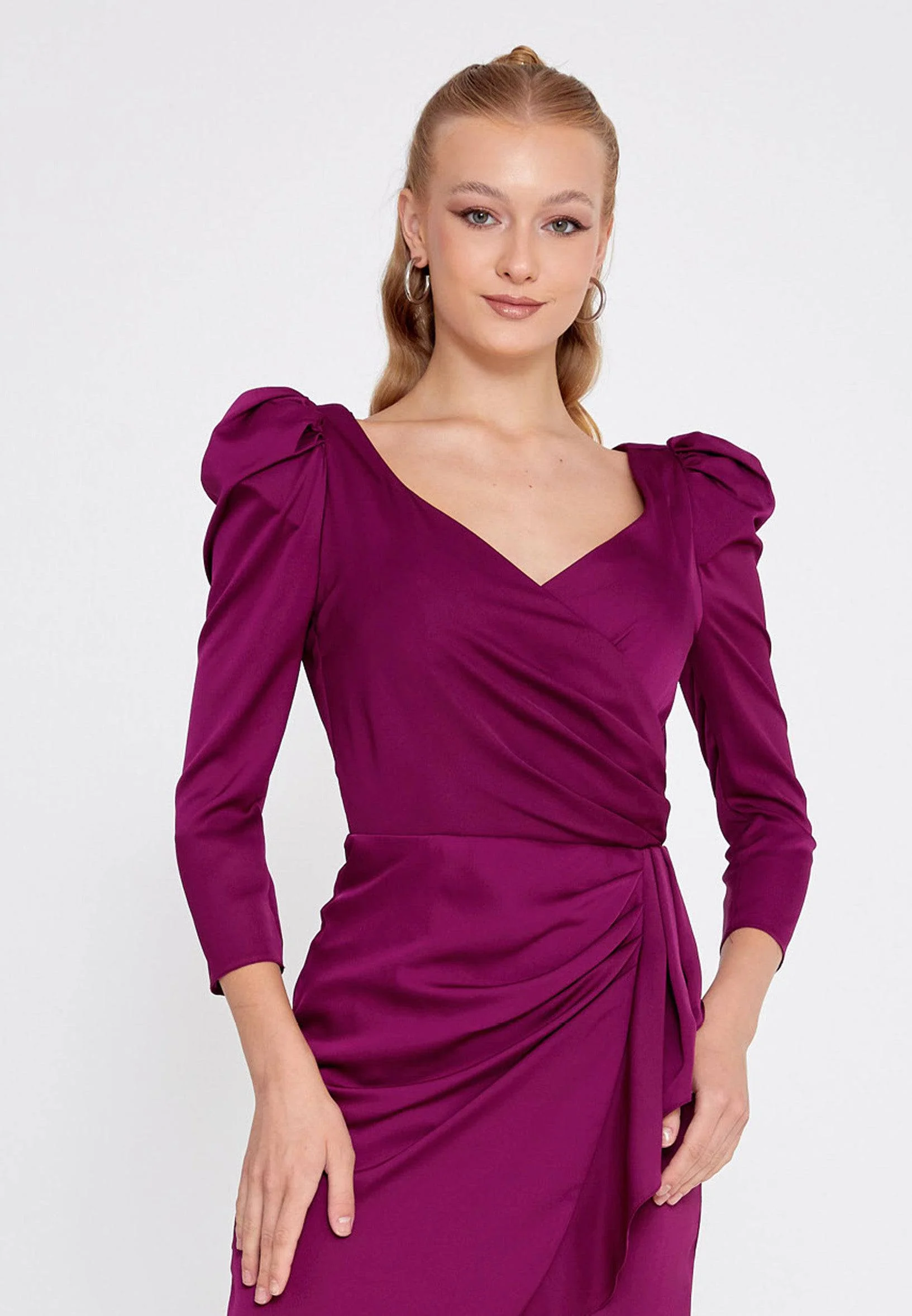 Long Sleeve Mini Wrapped Skirt V-Neck Evening Dress - Burgandy - Image 2
