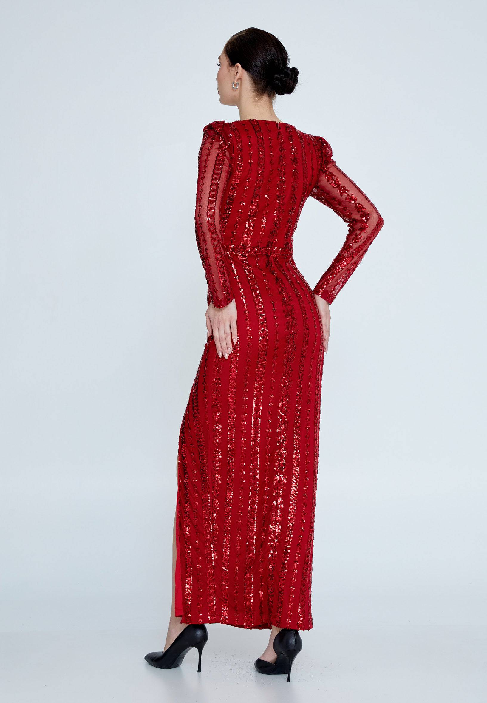 Long Sleeve Sequin Midi Dress - Red - Image 2