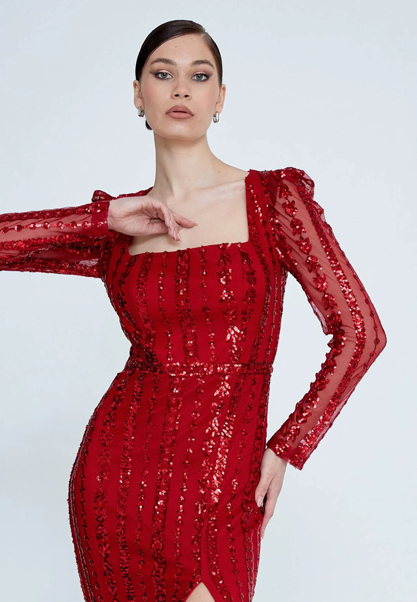 Long Sleeve Sequin Midi Dress - Red - Image 4