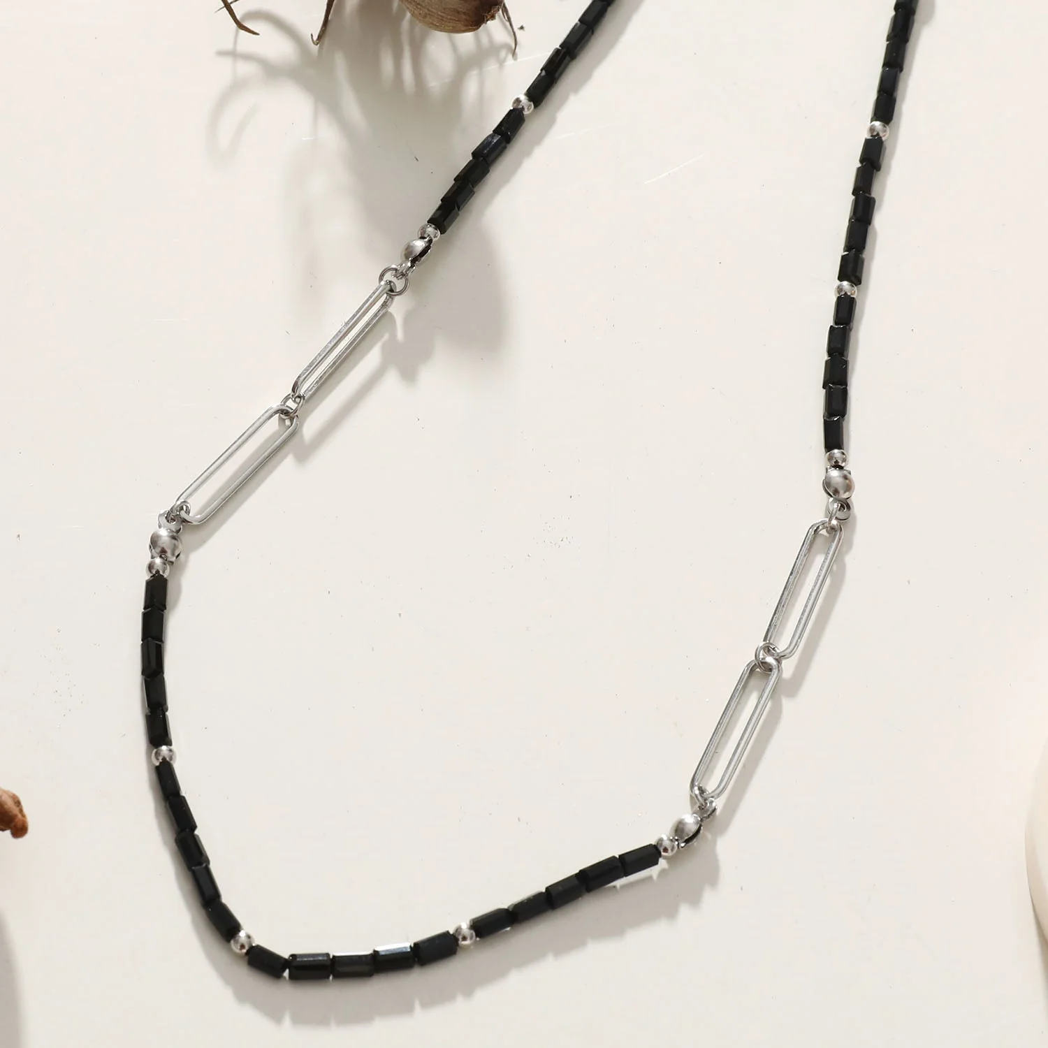 LORENA Black & Silver Beaded Paperclip Chain Necklace - Image 2