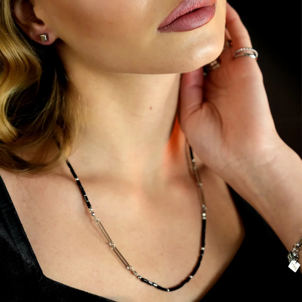 LORENA Black & Silver Beaded Paperclip Chain Necklace - Image 3