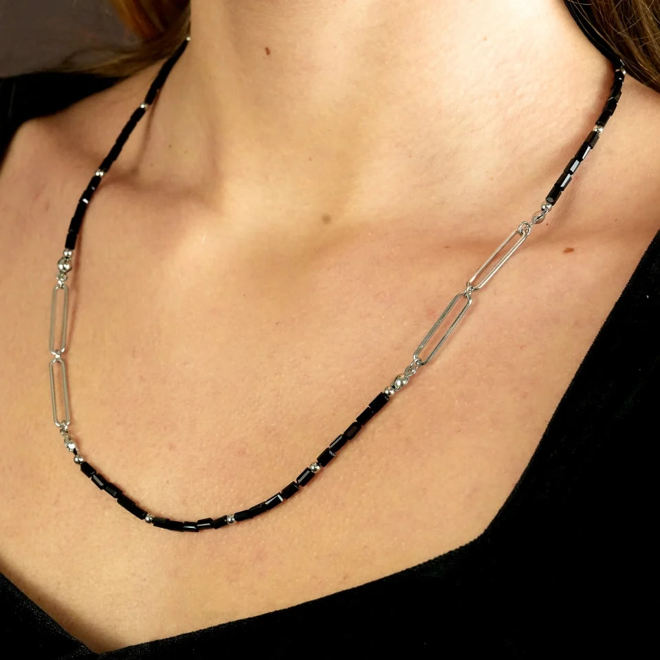 LORENA Black & Silver Beaded Paperclip Chain Necklace - Image 5