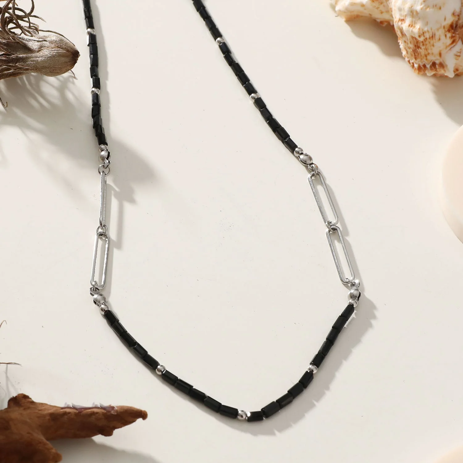LORENA Black & Silver Beaded Paperclip Chain Necklace - Image 6