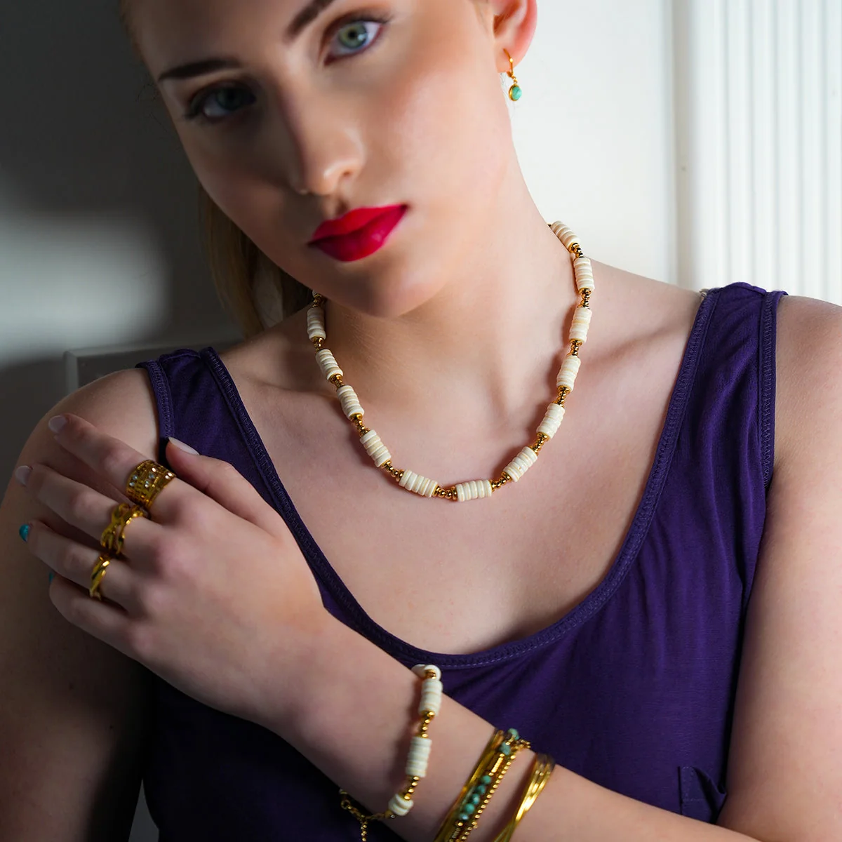 LULAMA: White Turquoise Stone & Gold Beaded Modern Boho Chain Necklace - Image 12
