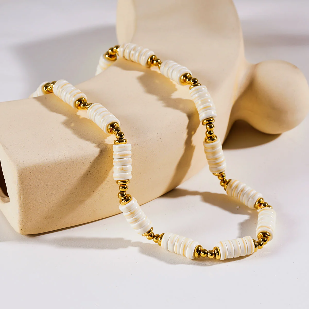 LULAMA: White Turquoise Stone & Gold Beaded Modern Boho Chain Necklace - Image 2