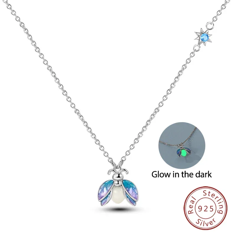 Glow-in-the-Dark Firefly Sterling Silver Necklace | 925 Enamel Pearl Pendant - Image 3