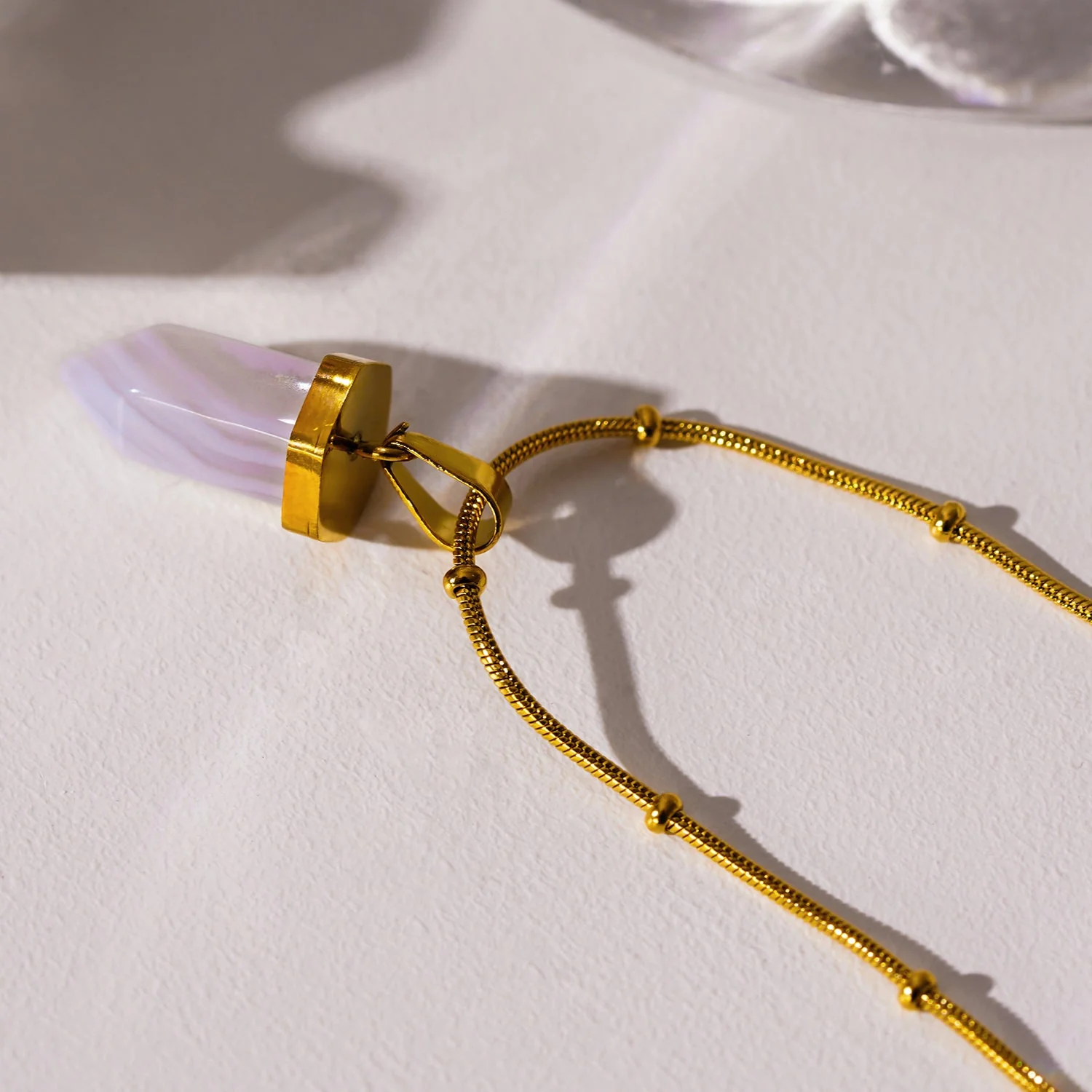 MAKEDA: Amethyst Stone Pendant Anchored on a Beaded Snake Skin Textured Chain Necklace - Image 5