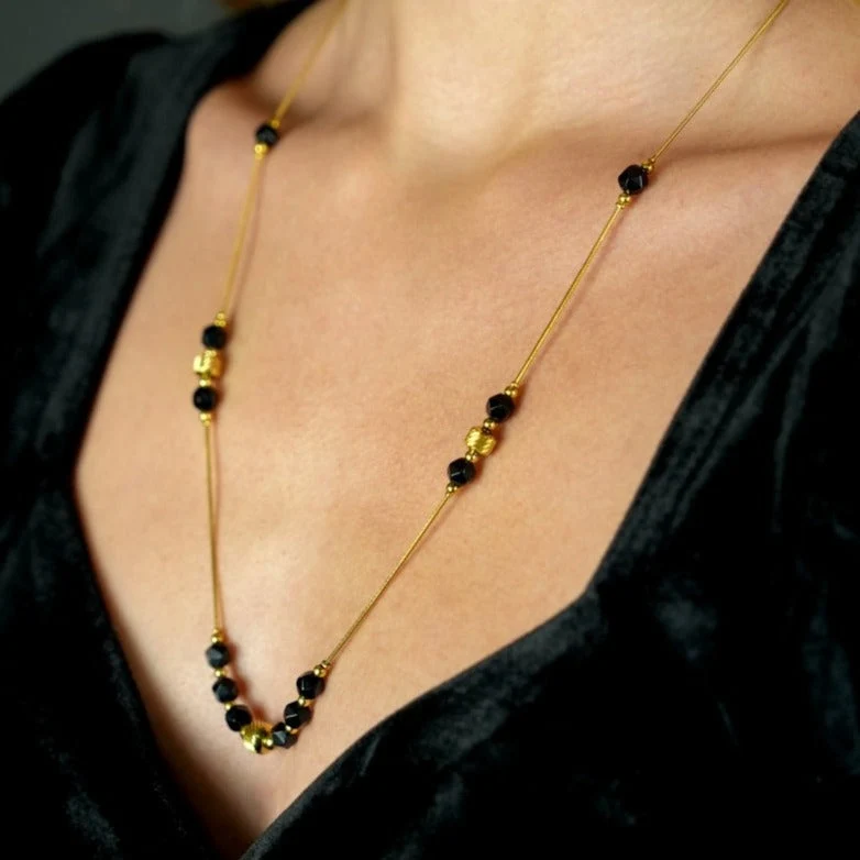 MARA Black Obsidian & Gold Beaded Chain Necklace - Image 4