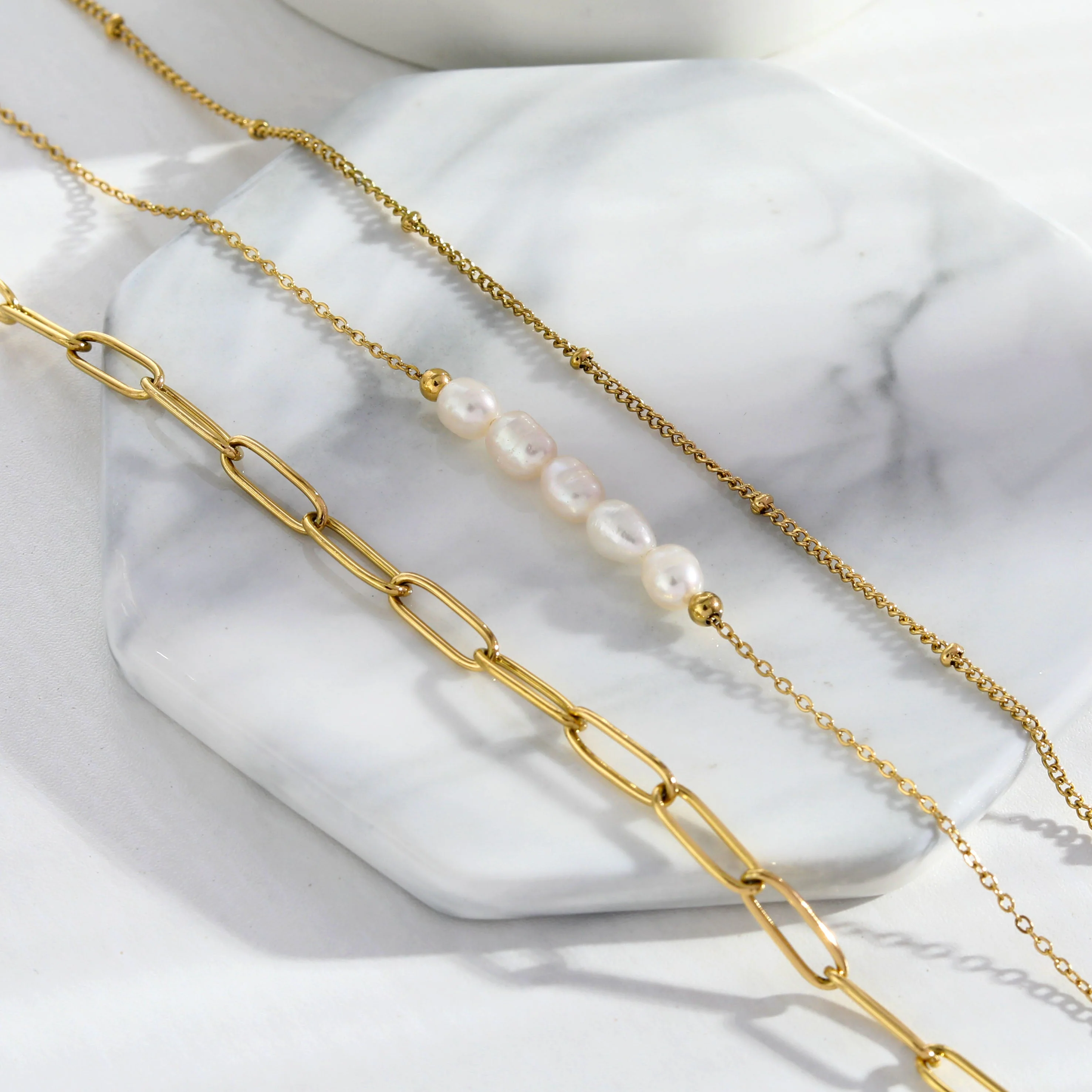 MARLI 3-Layer Multi Chain Gold Necklace featuring Natural Pearls - Image 2