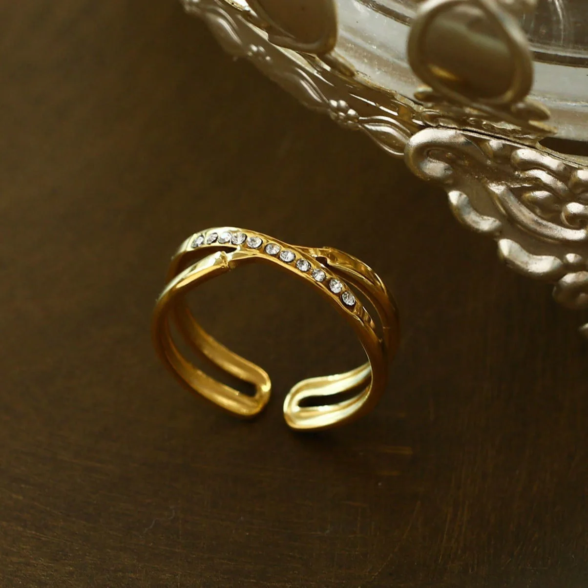 MAZTA Double Stacked Cross Over Zirconia Embellished Ring - Image 4