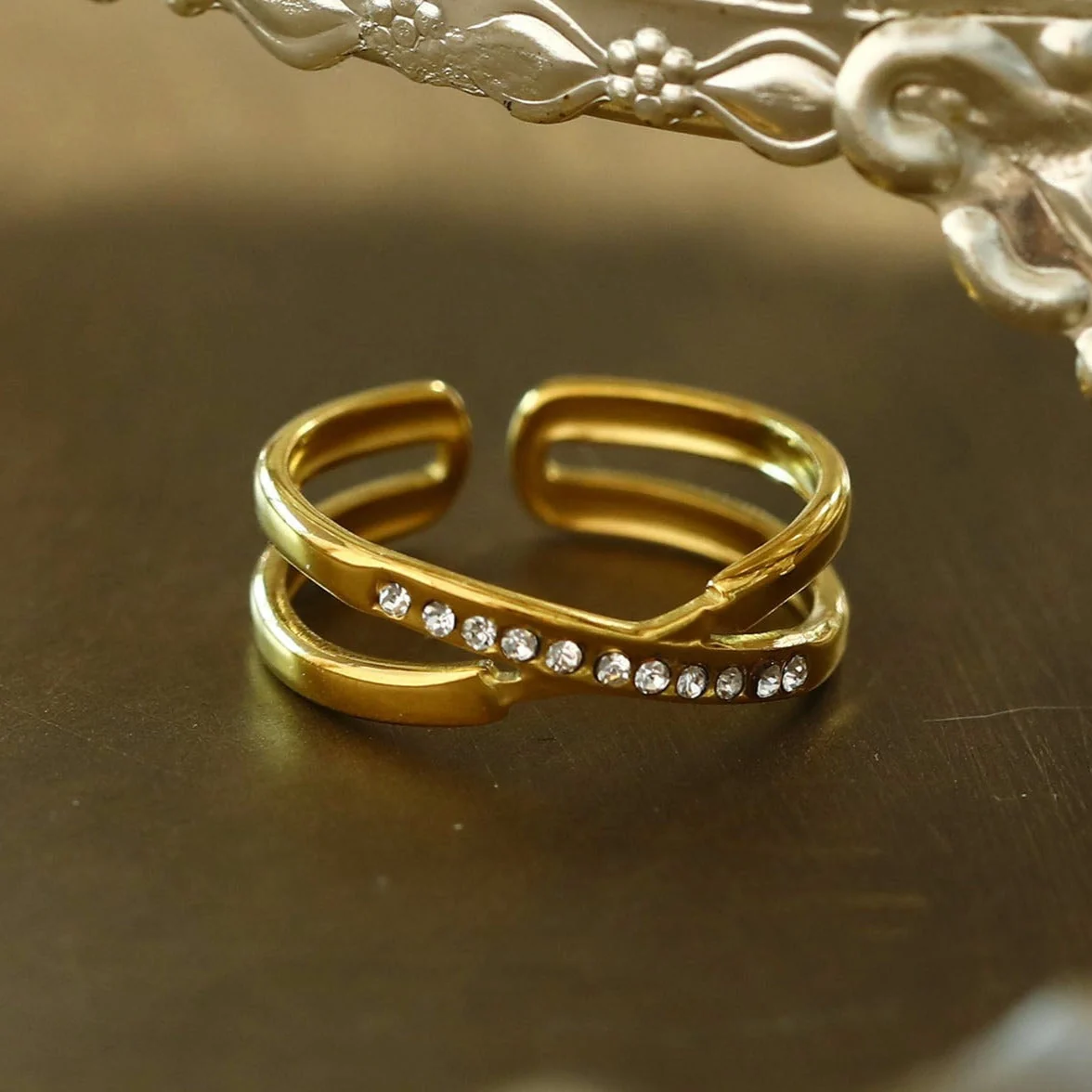 MAZTA Double Stacked Cross Over Zirconia Embellished Ring - Image 5