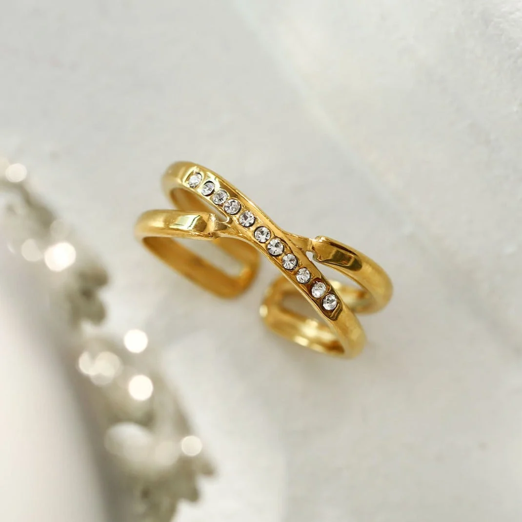 MAZTA Double Stacked Cross Over Zirconia Embellished Ring - Image 6