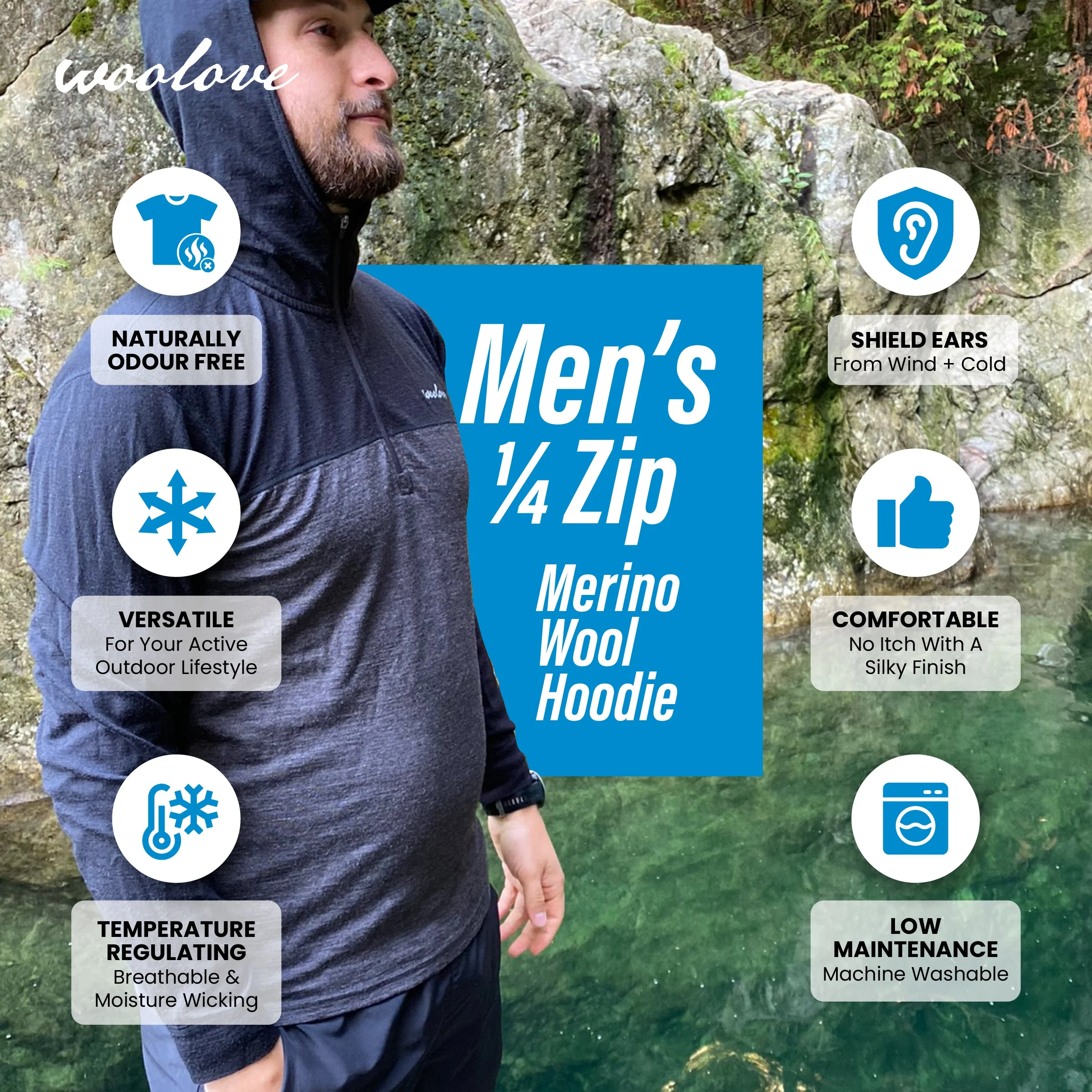 Men's Merino Wool 1/4 Zip Hoodie — Midweight - Image 7