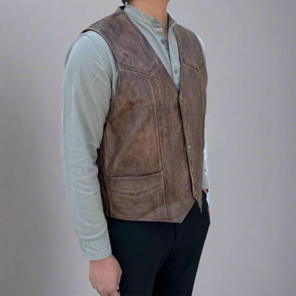 Men's Cow Leather Vest. Classic Style with Snap Closure & Front Pockets - Image 3