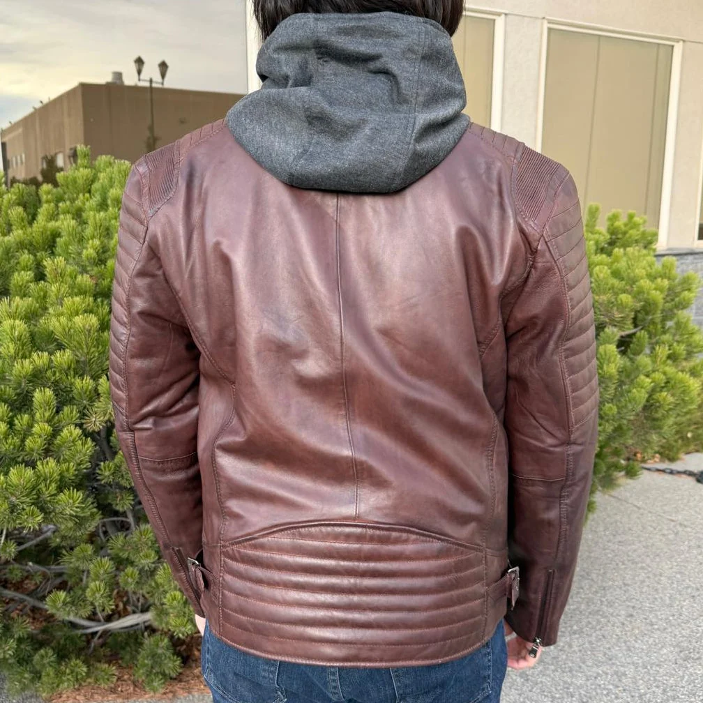 Men's Lamb Leather Jacket with Removable Hoodie - Image 3