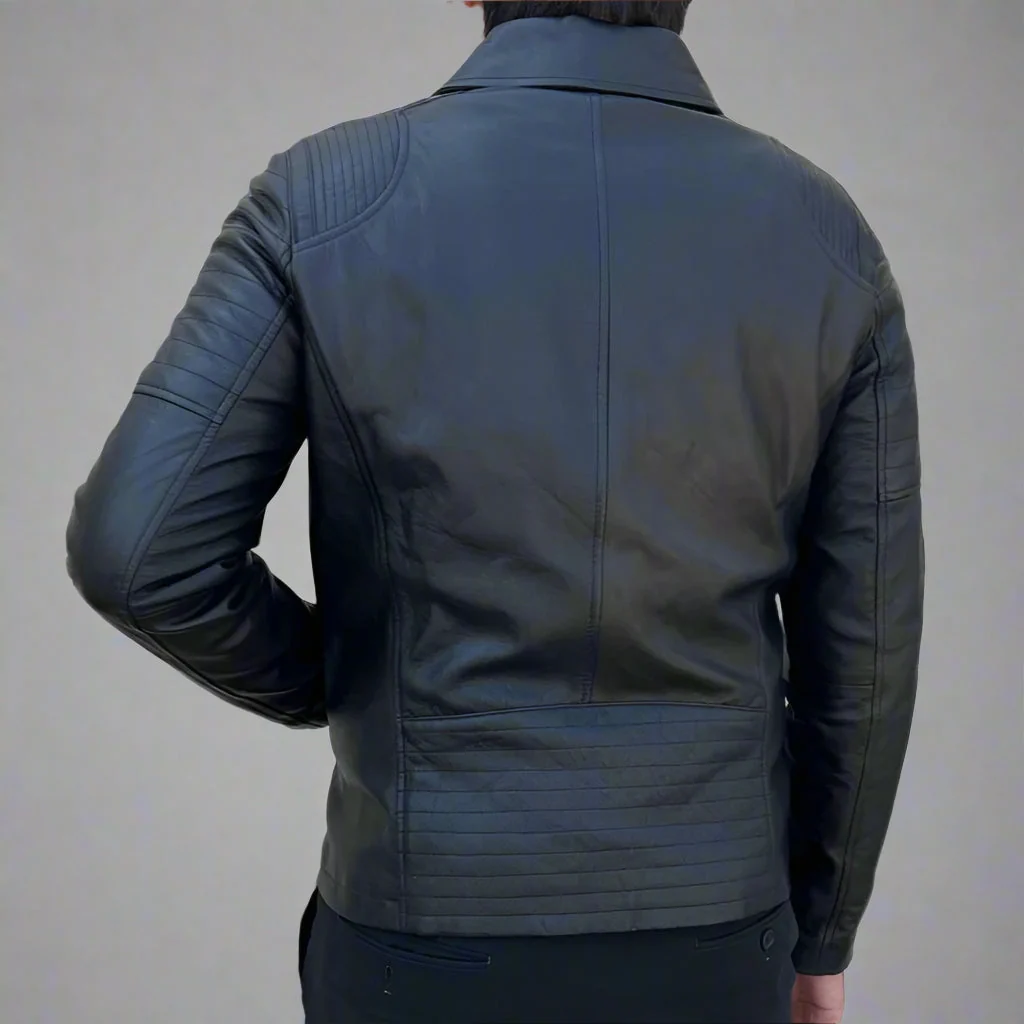 Men's Sheep Leather Jacket. Classic Quilted Shoulder Design with 2 Pockets - Image 2