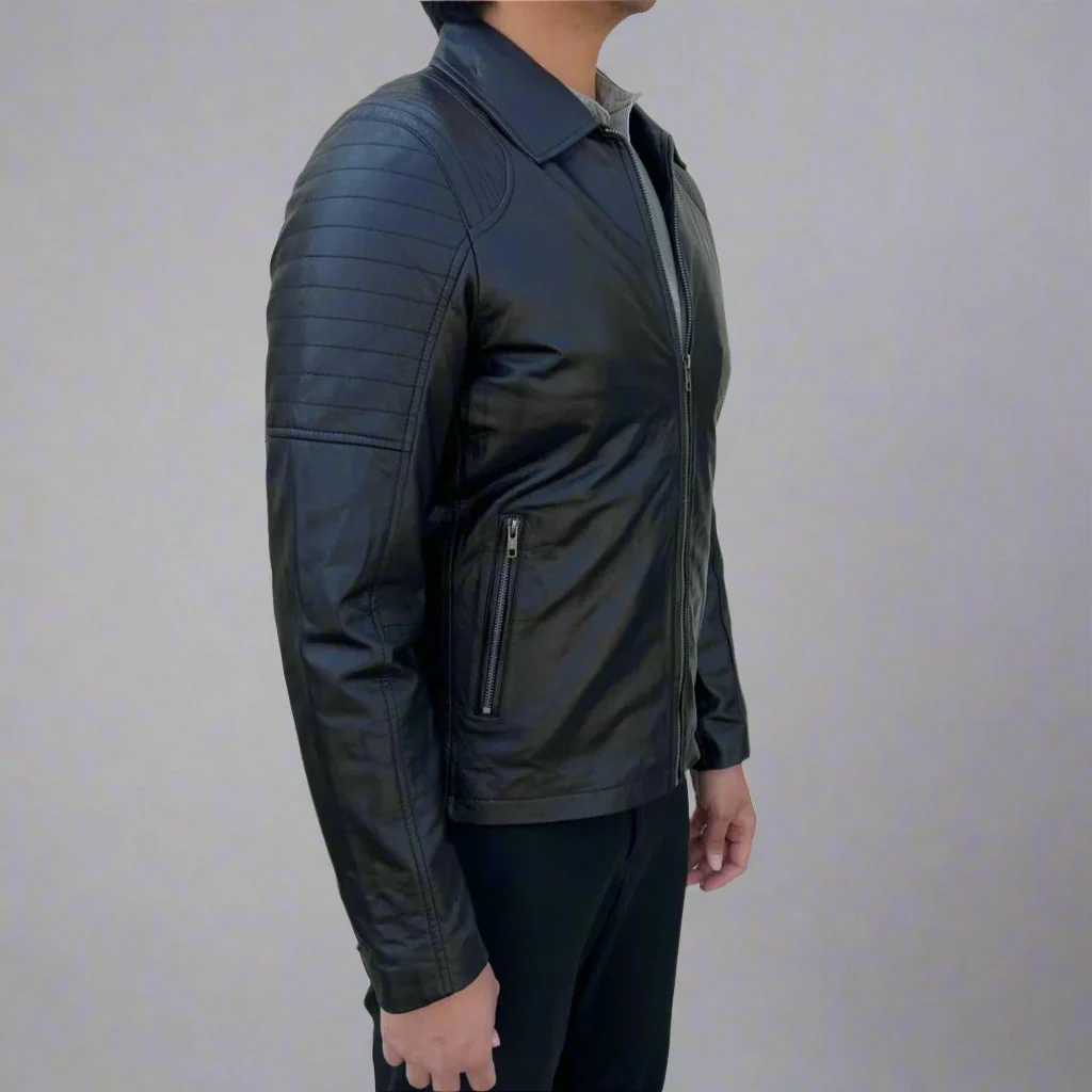 Men's Sheep Leather Jacket. Classic Quilted Shoulder Design with 2 Pockets - Image 3