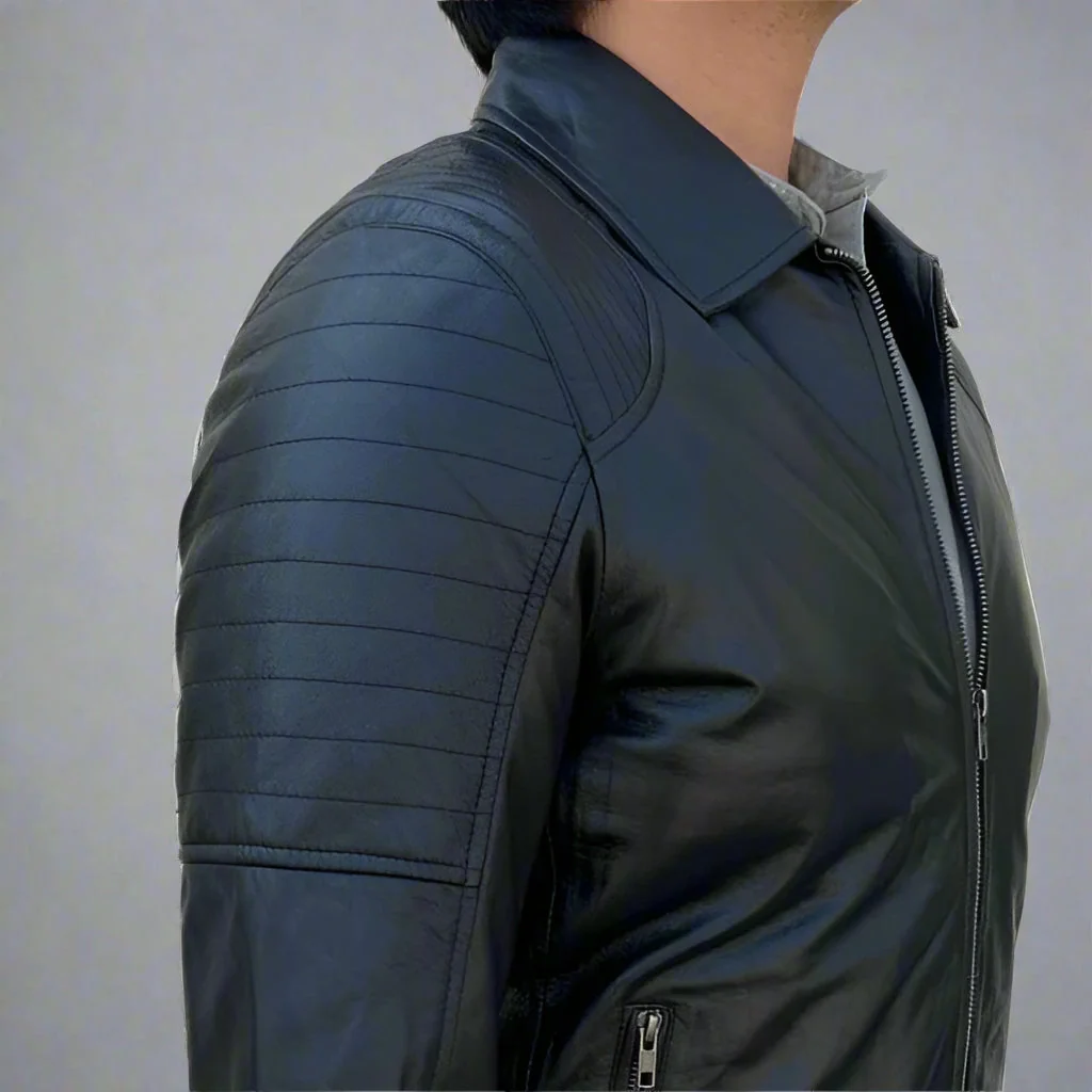 Men's Sheep Leather Jacket. Classic Quilted Shoulder Design with 2 Pockets - Image 4